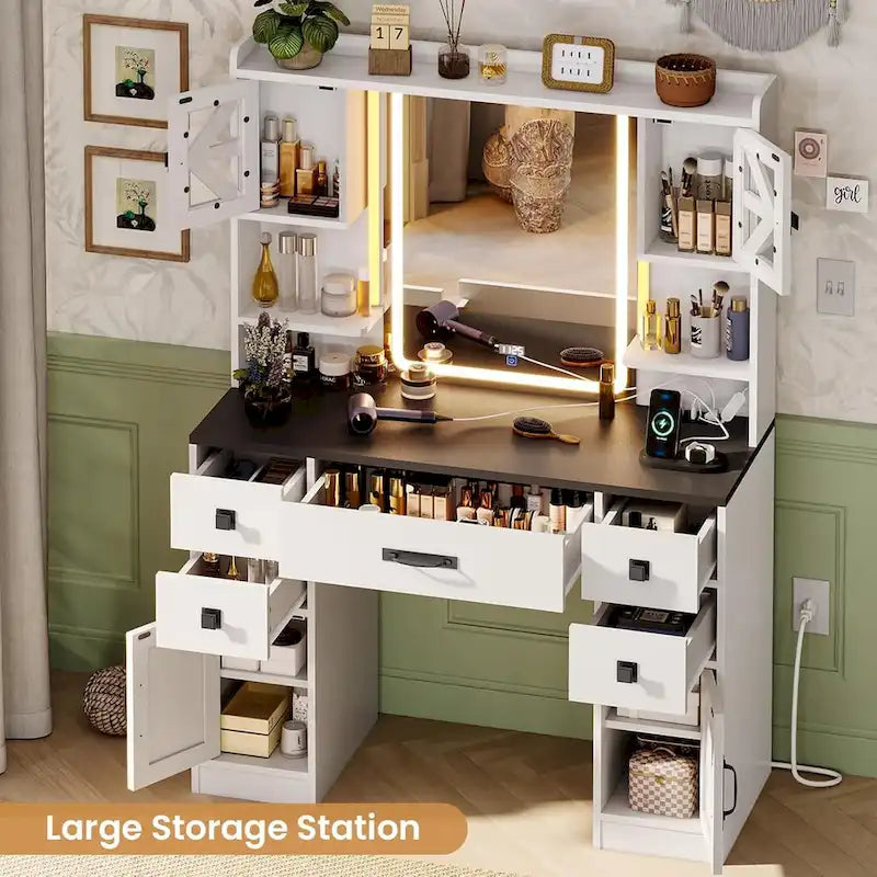 White/Brown/Black Vanity Desk with LED Mirror & Lights, 5 Drawers, Charging Station, for 1