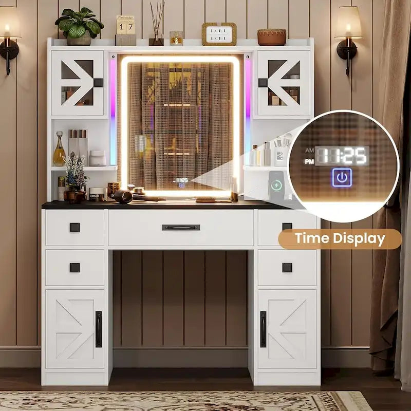 White/Brown/Black Vanity Desk with LED Mirror & Lights, 5 Drawers, Charging Station, for 1