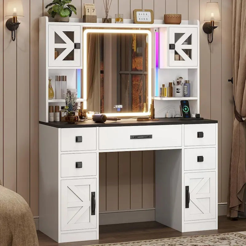 White/Brown/Black Vanity Desk with LED Mirror & Lights, 5 Drawers, Charging Station, for 1