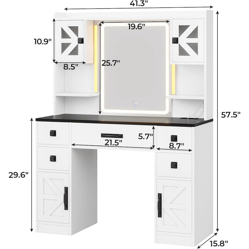 White/Brown/Black Vanity Desk with LED Mirror & Lights, 5 Drawers, Charging Station, for 1