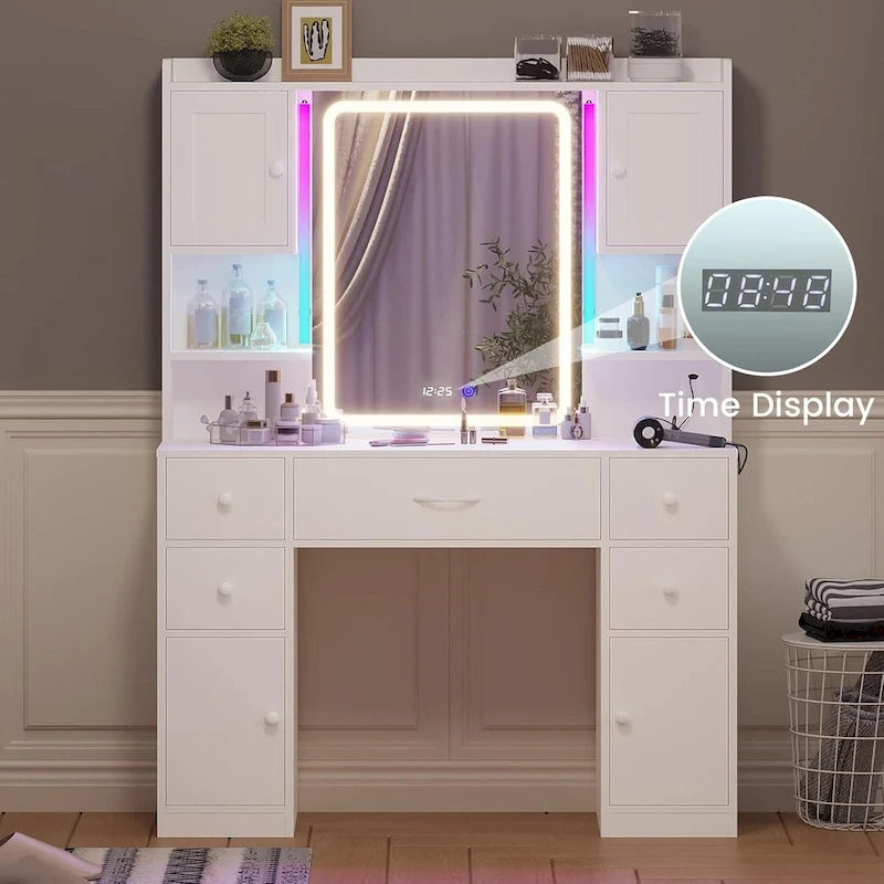 White/Brown/Black Vanity Desk with LED Mirror & Lights, 5 Drawers, Charging Station, for 1