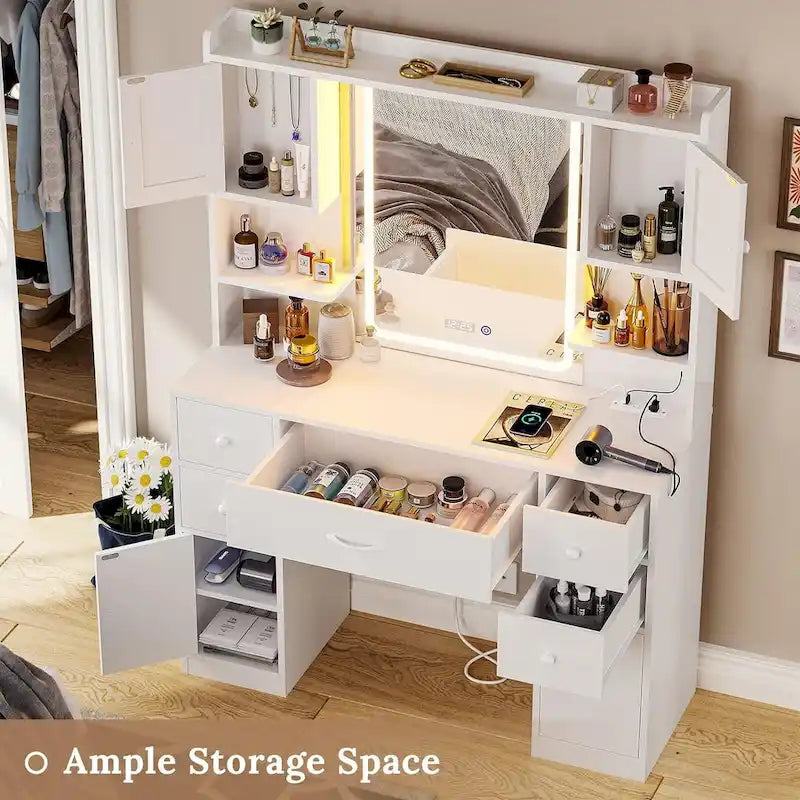 White/Brown/Black Vanity Desk with LED Mirror & Lights, 5 Drawers, Charging Station, for 1