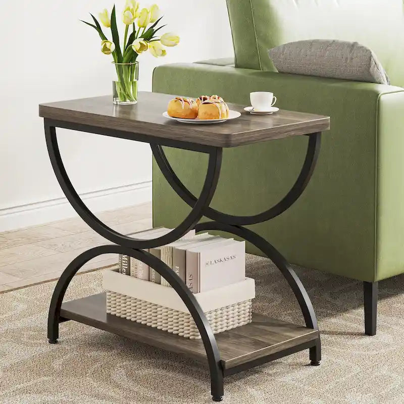 Brown Grey & Black / White & Gold 2-Tier Side Table, Modern Industrial Style, Single