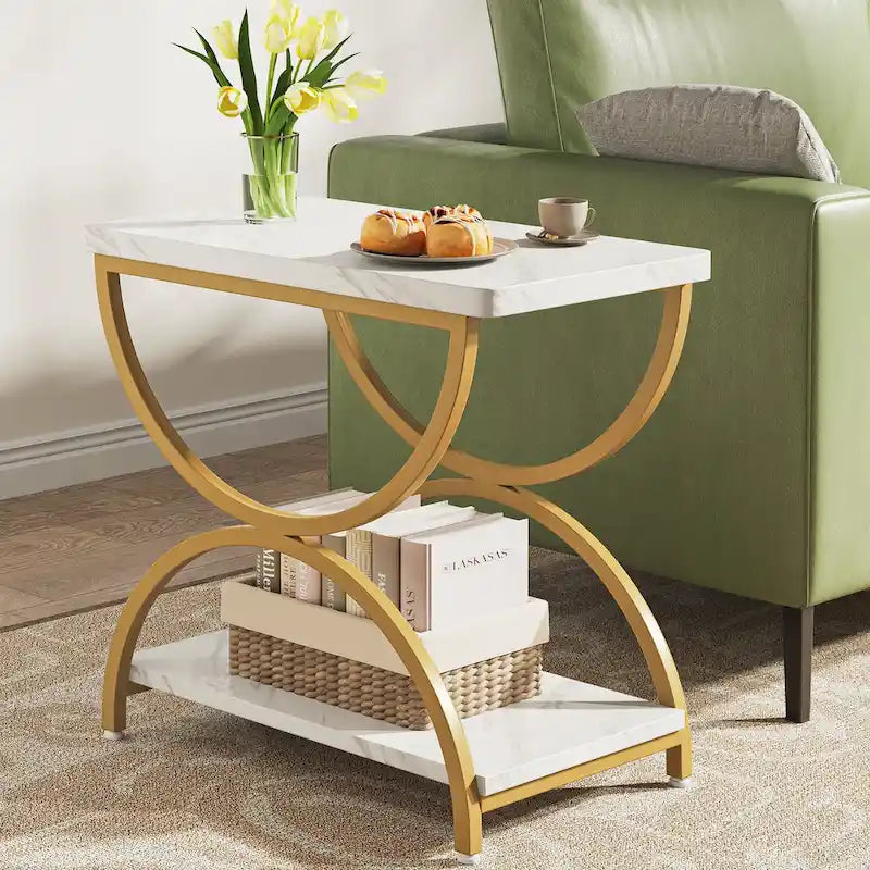 Brown Grey & Black / White & Gold 2-Tier Side Table, Modern Industrial Style, Single