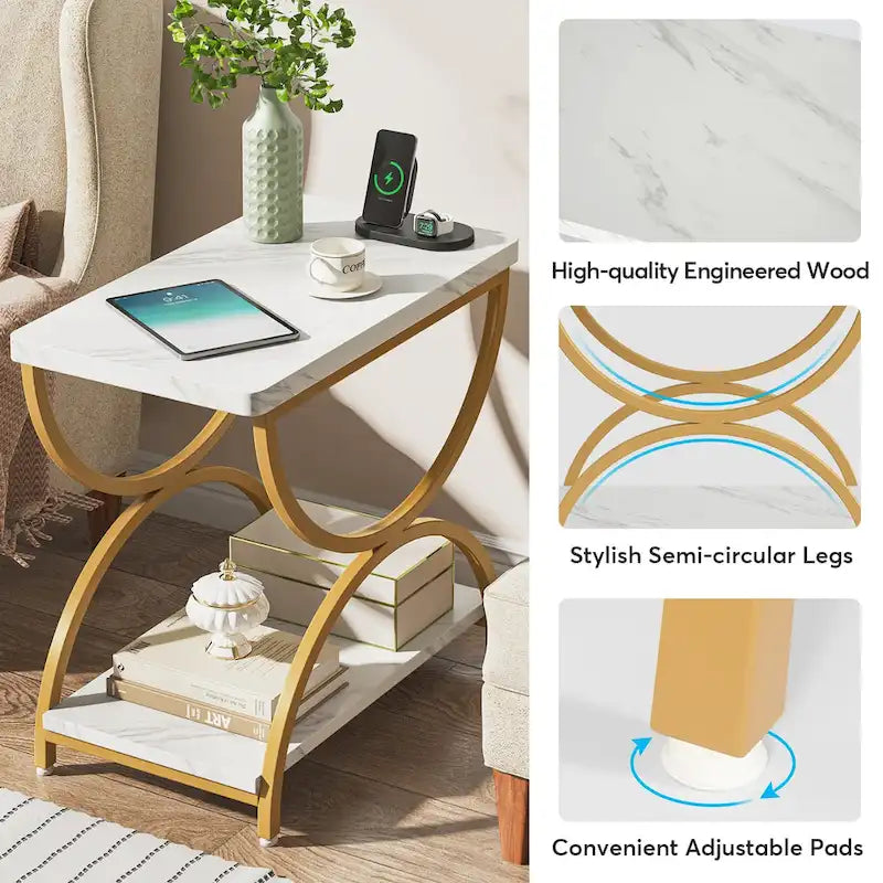 Brown Grey & Black / White & Gold 2-Tier Side Table, Modern Industrial Style, Single