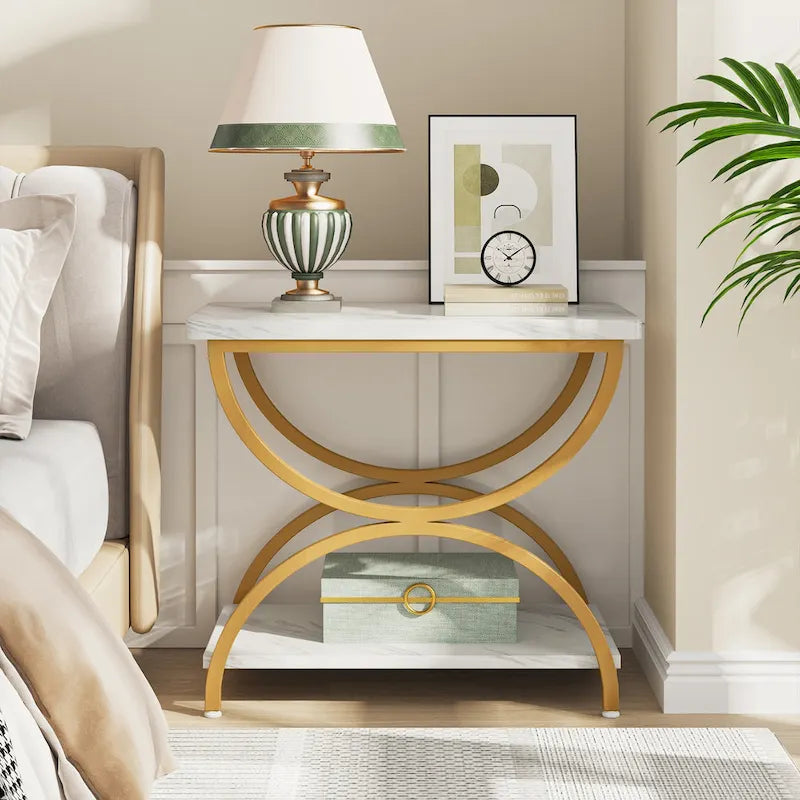 Brown Grey & Black / White & Gold 2-Tier Side Table, Modern Industrial Style, Single