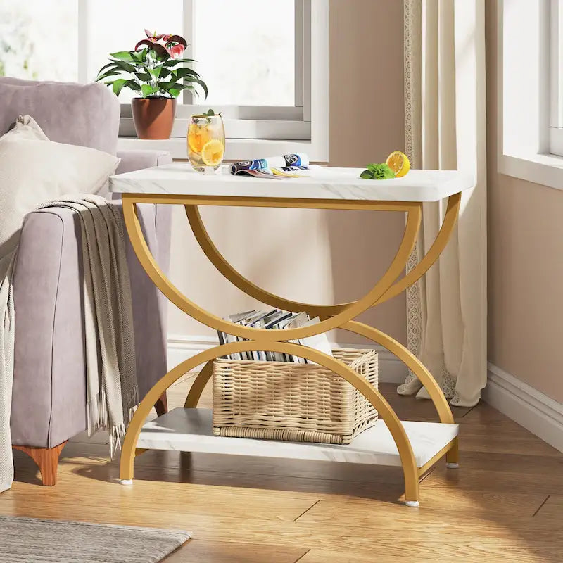 Brown Grey & Black / White & Gold 2-Tier Side Table, Modern Industrial Style, Single