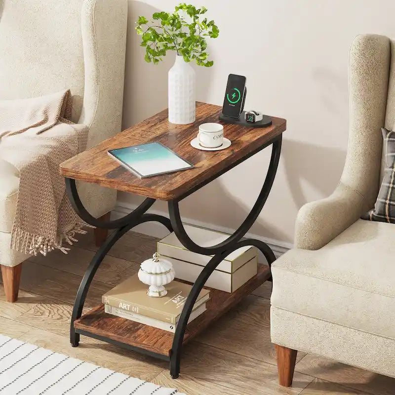 Brown Grey & Black / White & Gold 2-Tier Side Table, Modern Industrial Style, Single