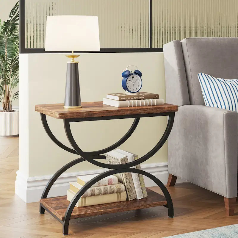 Brown Grey & Black / White & Gold 2-Tier Side Table, Modern Industrial Style, Single