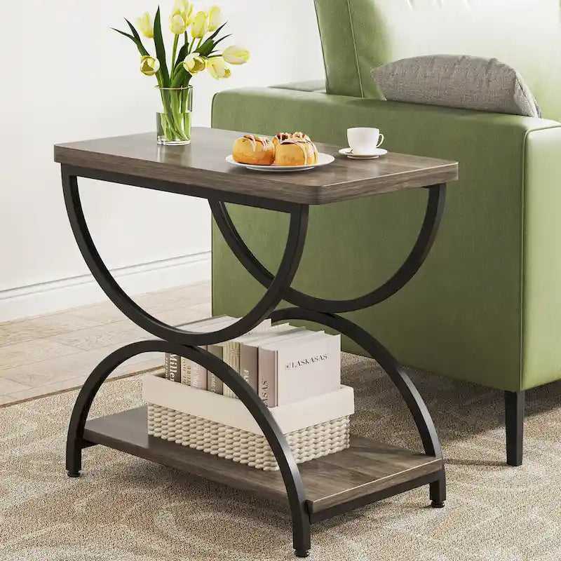 Brown Grey & Black / White & Gold 2-Tier Side Table, Modern Industrial Style, Single