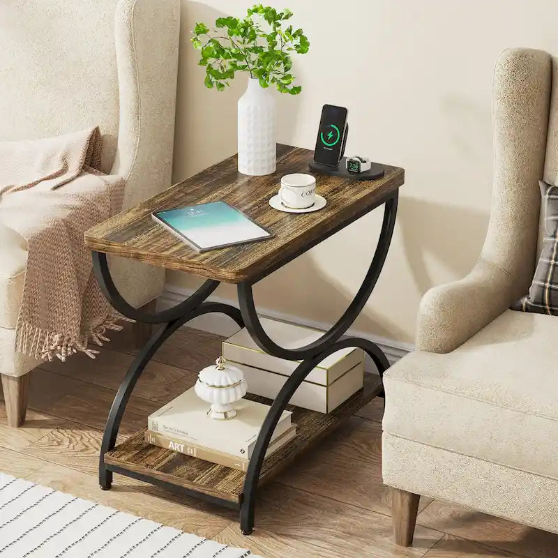 Brown Grey & Black / White & Gold 2-Tier Side Table, Modern Industrial Style, Single