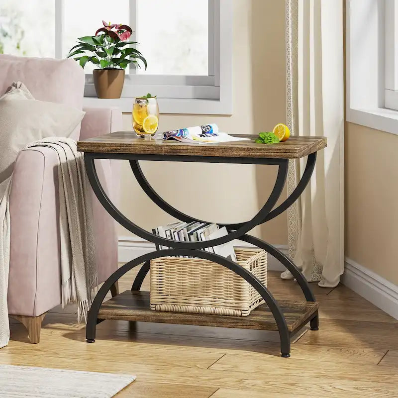 Brown Grey & Black / White & Gold 2-Tier Side Table, Modern Industrial Style, Single