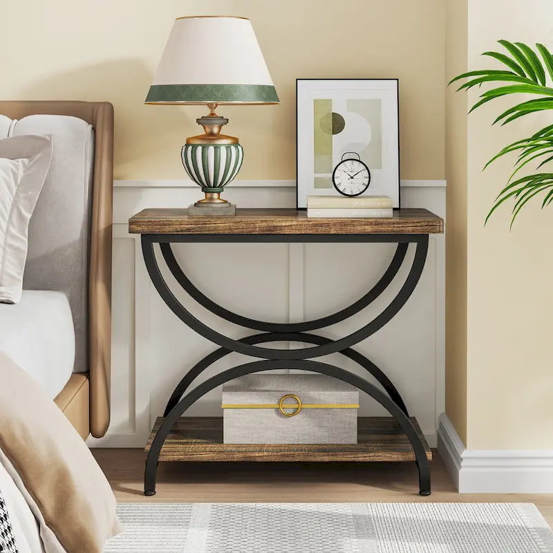 Brown Grey & Black / White & Gold 2-Tier Side Table, Modern Industrial Style, Single