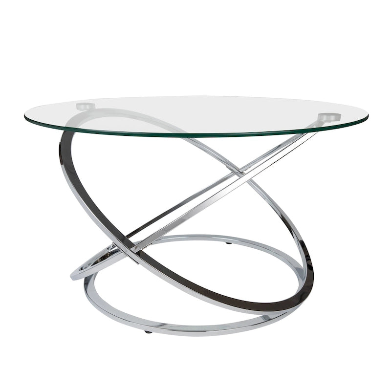 Black/Chrome Cross Base Round Glass Coffee Table, Modern Style, 1-Person Living Room