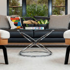 Black/Chrome Cross Base Round Glass Coffee Table, Modern Style, 1-Person Living Room