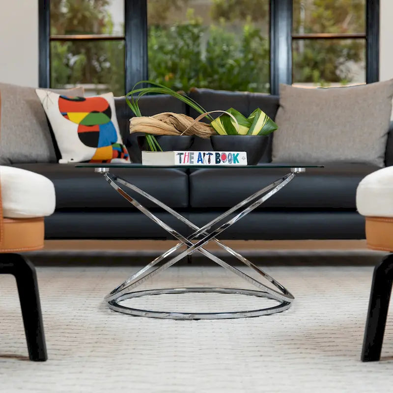 Black/Chrome Cross Base Round Glass Coffee Table, Modern Style, 1-Person Living Room