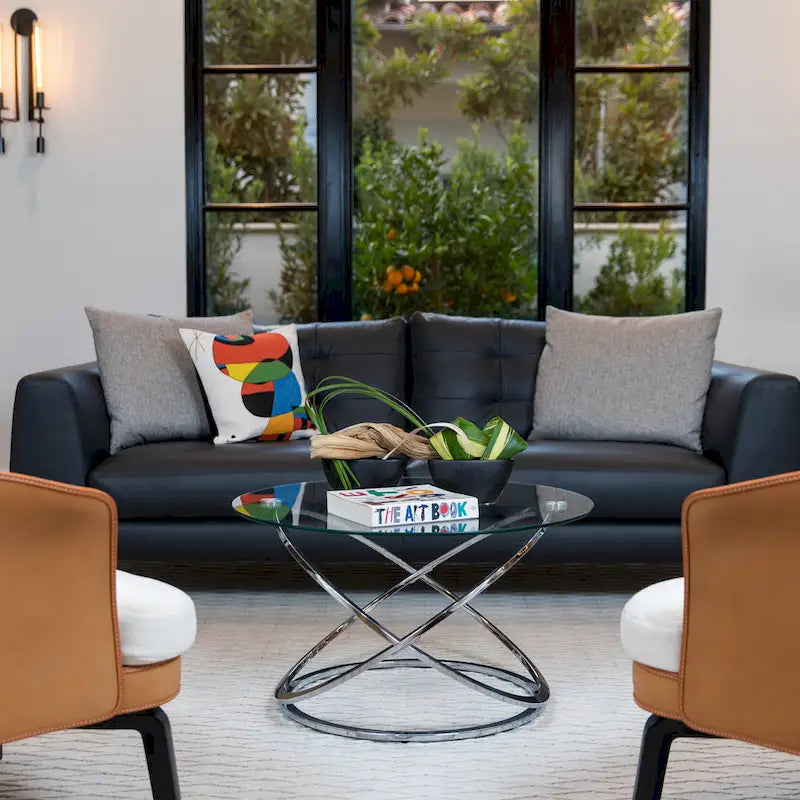 Black/Chrome Cross Base Round Glass Coffee Table, Modern Style, 1-Person Living Room