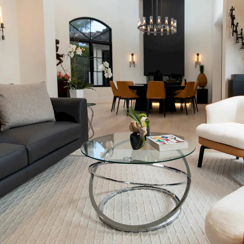 Black/Chrome Cross Base Round Glass Coffee Table, Modern Style, 1-Person Living Room