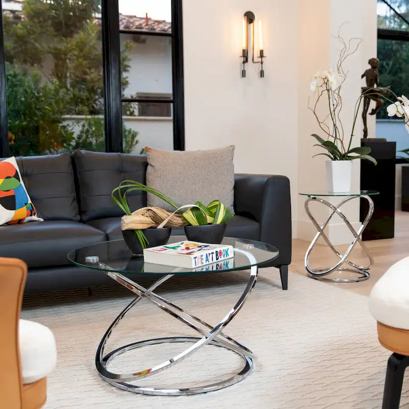 Black/Chrome Cross Base Round Glass Coffee Table, Modern Style, 1-Person Living Room