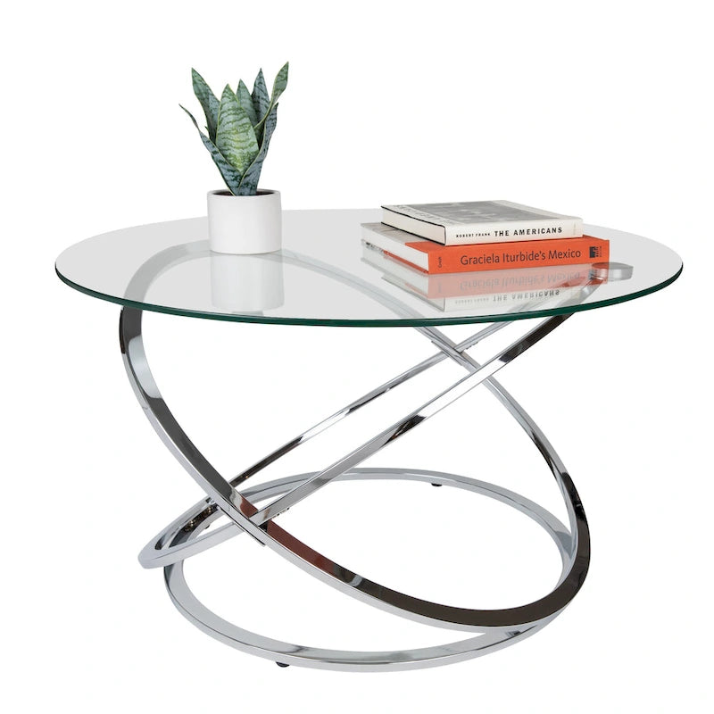 Black/Chrome Cross Base Round Glass Coffee Table, Modern Style, 1-Person Living Room