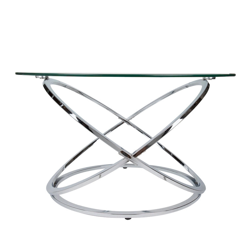 Black/Chrome Cross Base Round Glass Coffee Table, Modern Style, 1-Person Living Room