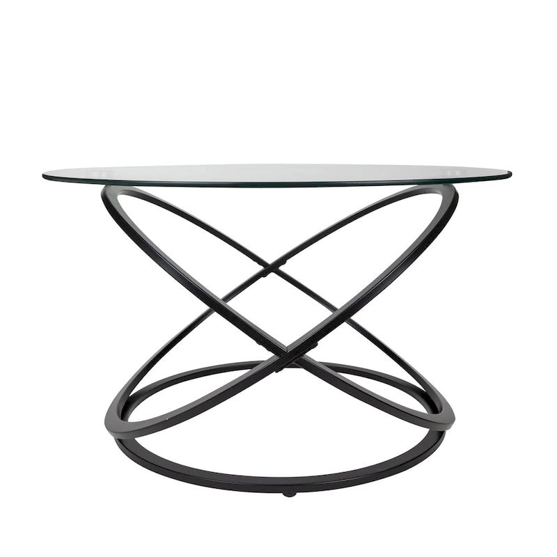 Black/Chrome Cross Base Round Glass Coffee Table, Modern Style, 1-Person Living Room