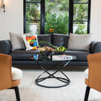 Black/Chrome Cross Base Round Glass Coffee Table, Modern Style, 1-Person Living Room