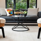 Black/Chrome Cross Base Round Glass Coffee Table, Modern Style, 1-Person Living Room