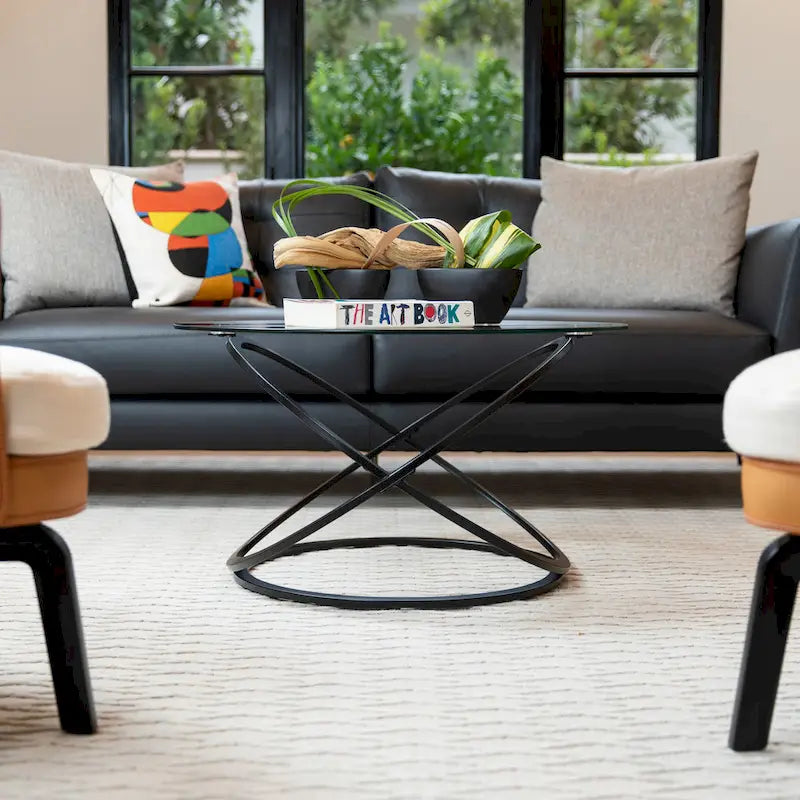 Black/Chrome Cross Base Round Glass Coffee Table, Modern Style, 1-Person Living Room