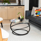 Black/Chrome Cross Base Round Glass Coffee Table, Modern Style, 1-Person Living Room