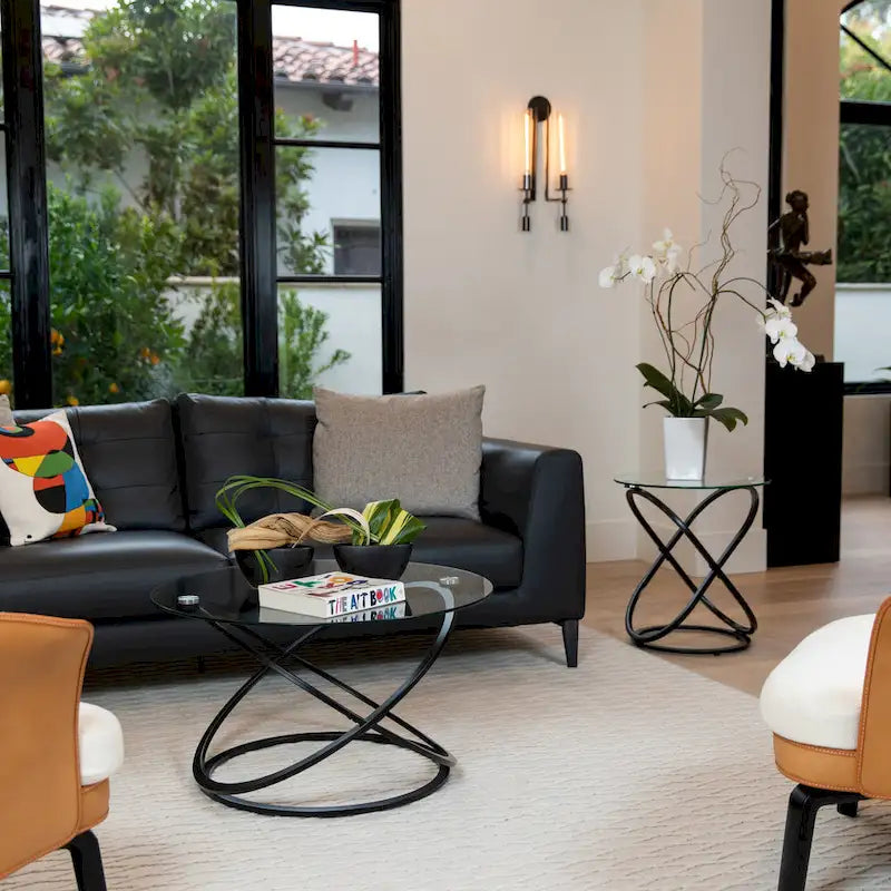 Black/Chrome Cross Base Round Glass Coffee Table, Modern Style, 1-Person Living Room