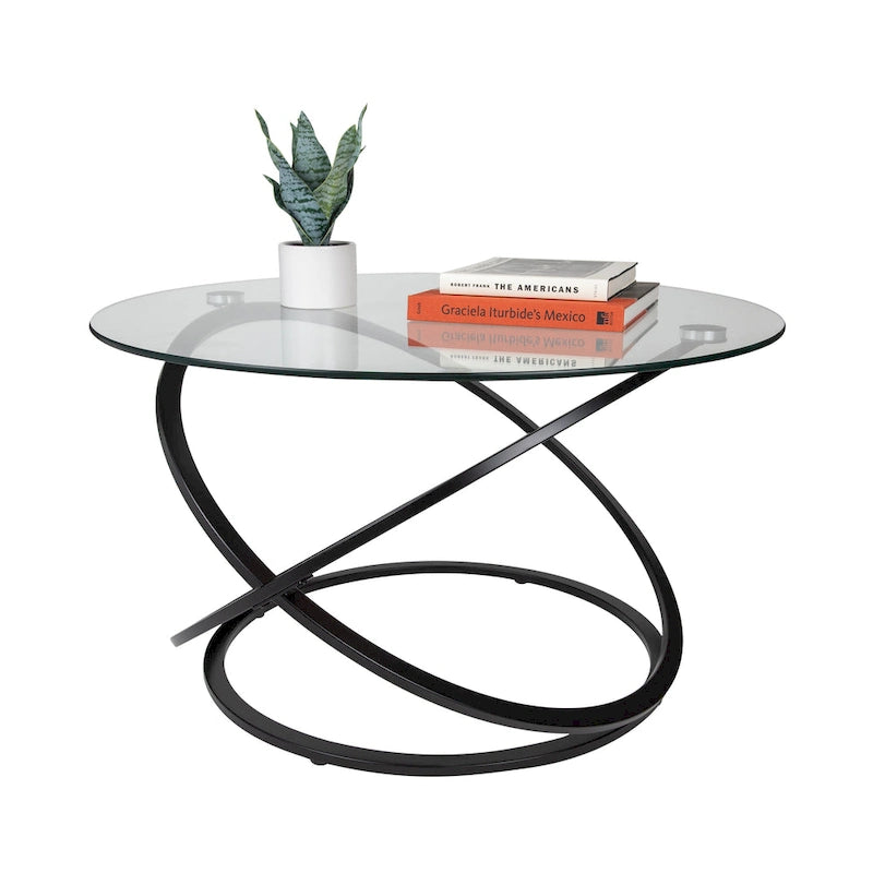 Black/Chrome Cross Base Round Glass Coffee Table, Modern Style, 1-Person Living Room