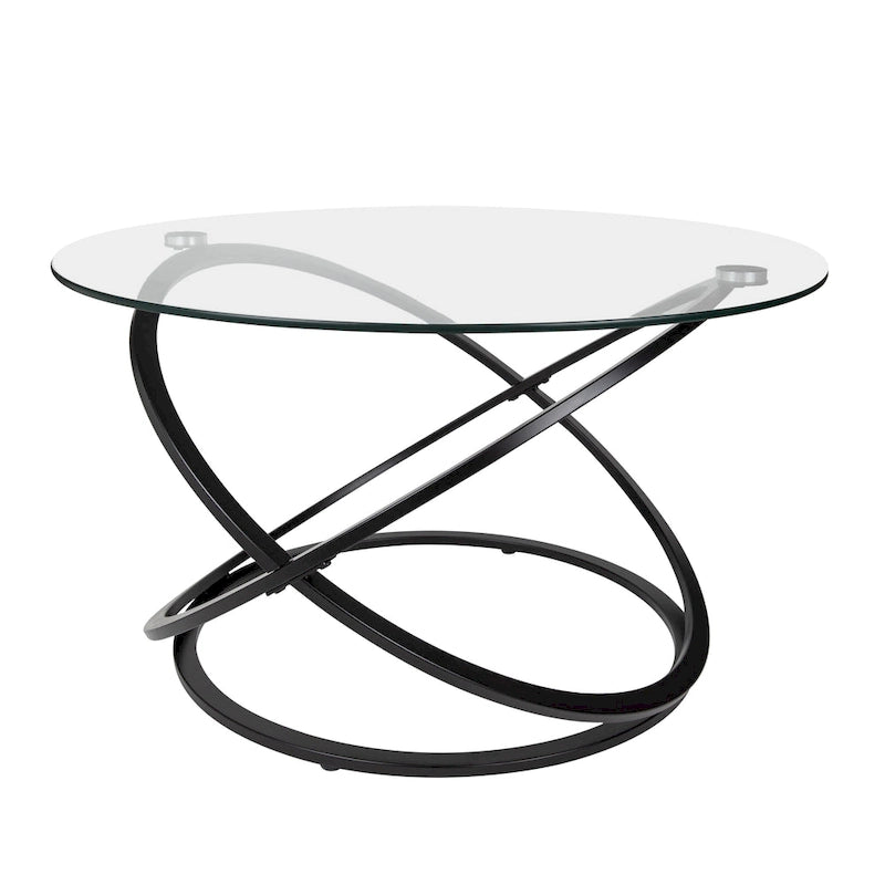 Black/Chrome Cross Base Round Glass Coffee Table, Modern Style, 1-Person Living Room