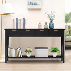 Black Modern Console Table with 4 Drawers & Open Shelf, Single-User Entryway