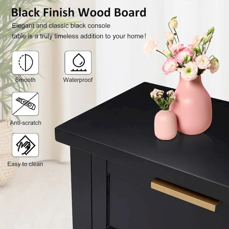 Black Modern Console Table with 4 Drawers & Open Shelf, Single-User Entryway