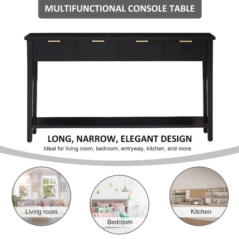 Black Modern Console Table with 4 Drawers & Open Shelf, Single-User Entryway