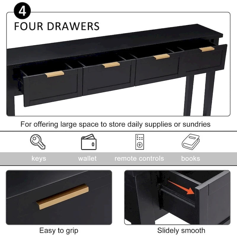 Black Modern Console Table with 4 Drawers & Open Shelf, Single-User Entryway