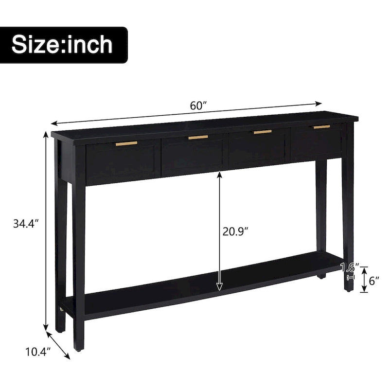 Black Modern Console Table with 4 Drawers & Open Shelf, Single-User Entryway