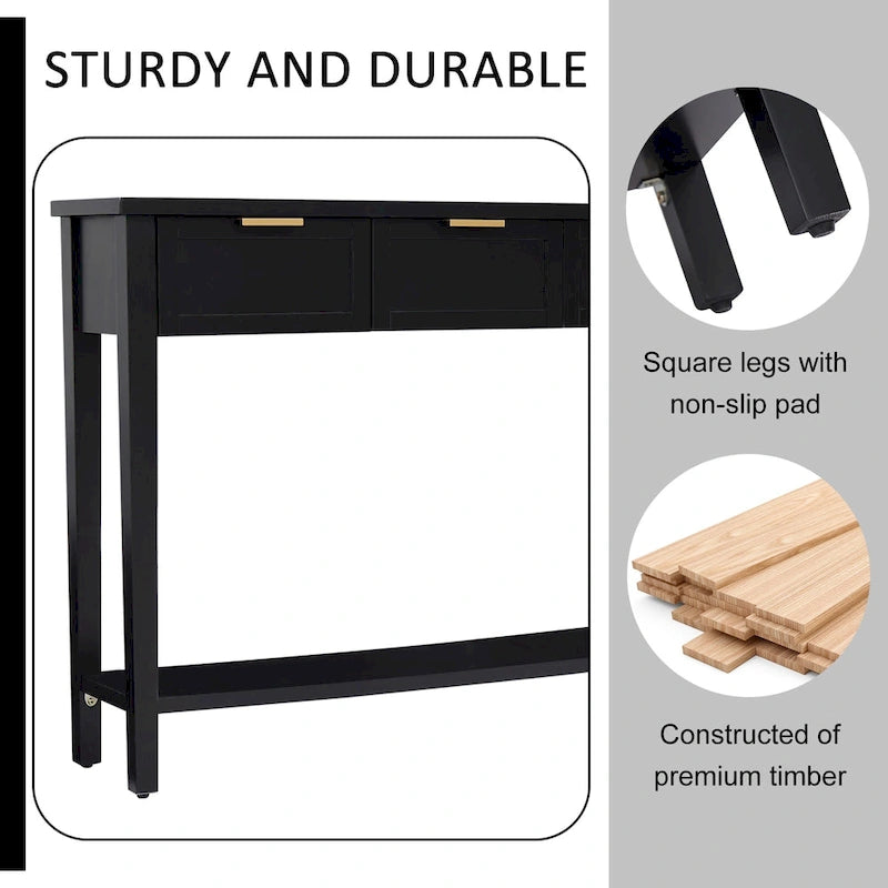 Black Modern Console Table with 4 Drawers & Open Shelf, Single-User Entryway