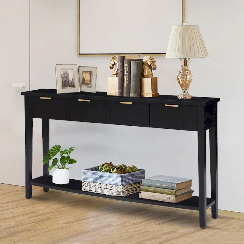 Black Modern Console Table with 4 Drawers & Open Shelf, Single-User Entryway
