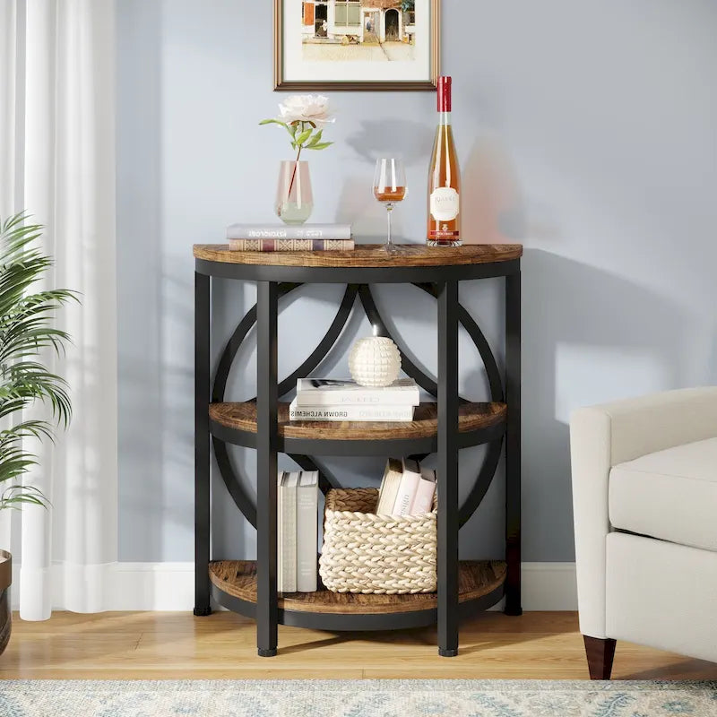 Rustic Brown / Grey Half-Round 3-Tier Side Table, Single