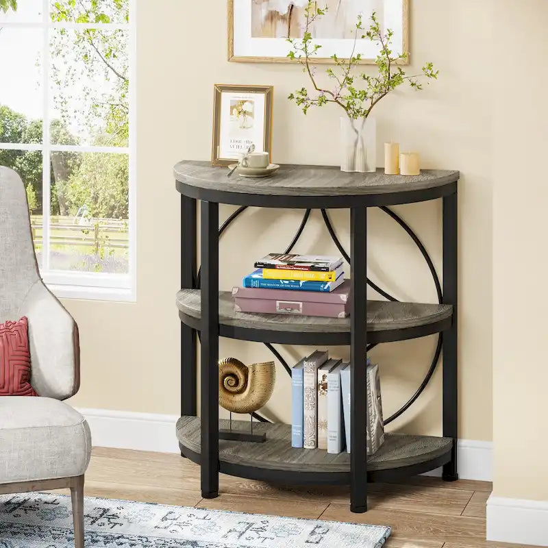 Rustic Brown / Grey Half-Round 3-Tier Side Table, Single