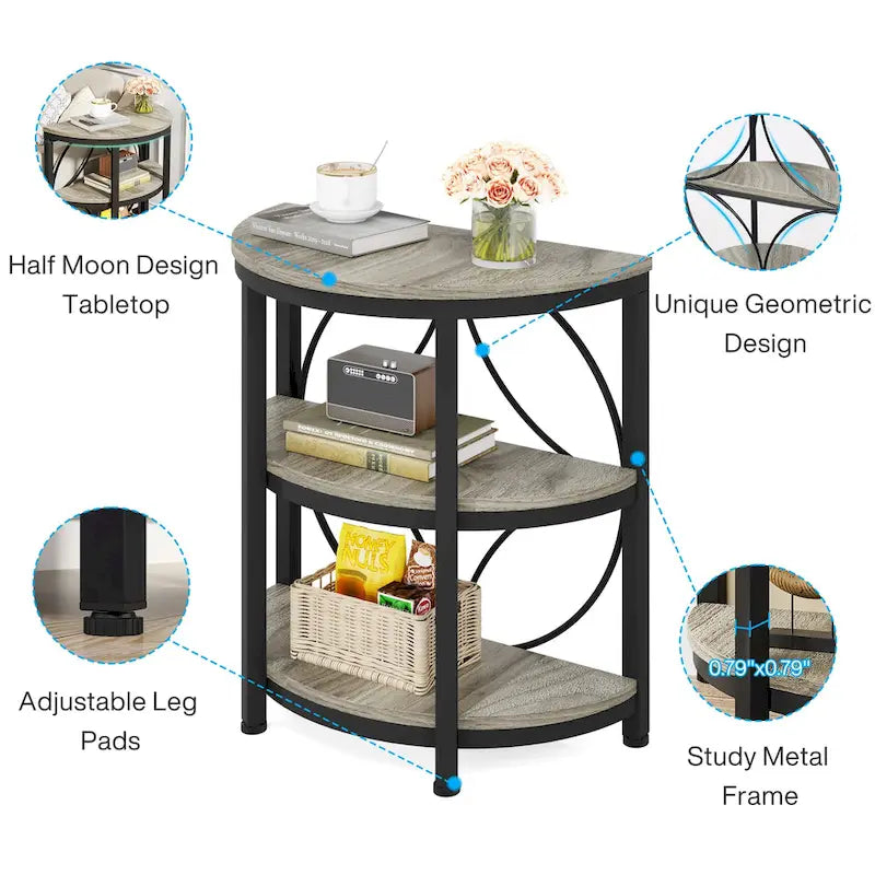 Rustic Brown / Grey Half-Round 3-Tier Side Table, Single