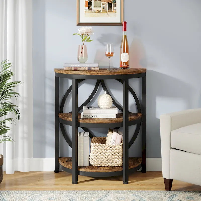 Rustic Brown / Grey Half-Round 3-Tier Side Table, Single