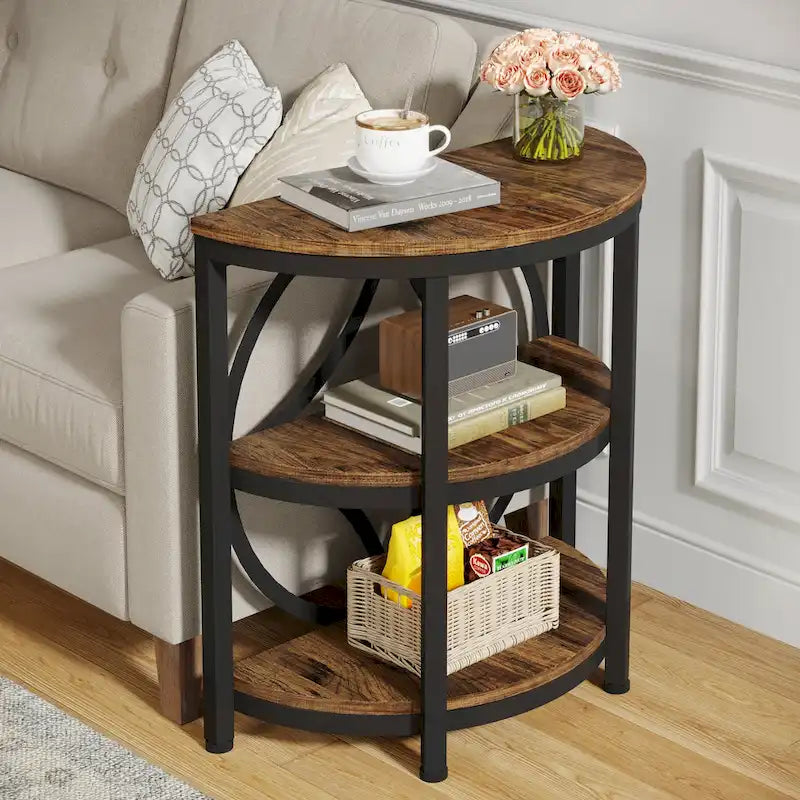 Rustic Brown / Grey Half-Round 3-Tier Side Table, Single