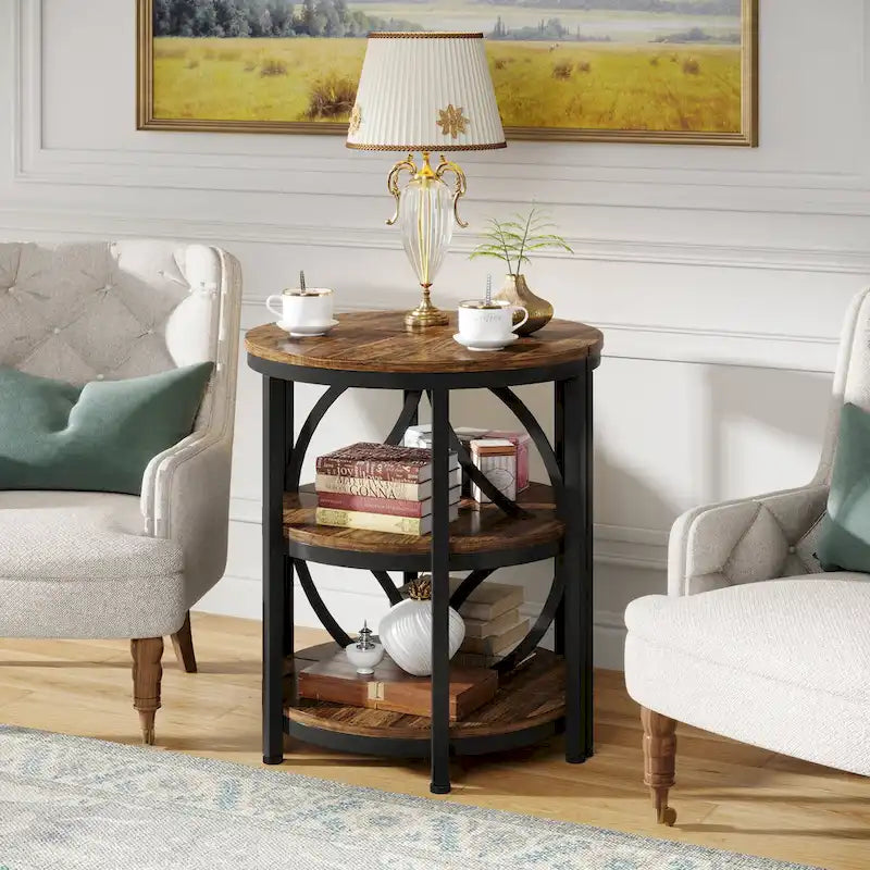 Rustic Brown / Grey Half-Round 3-Tier Side Table, Single