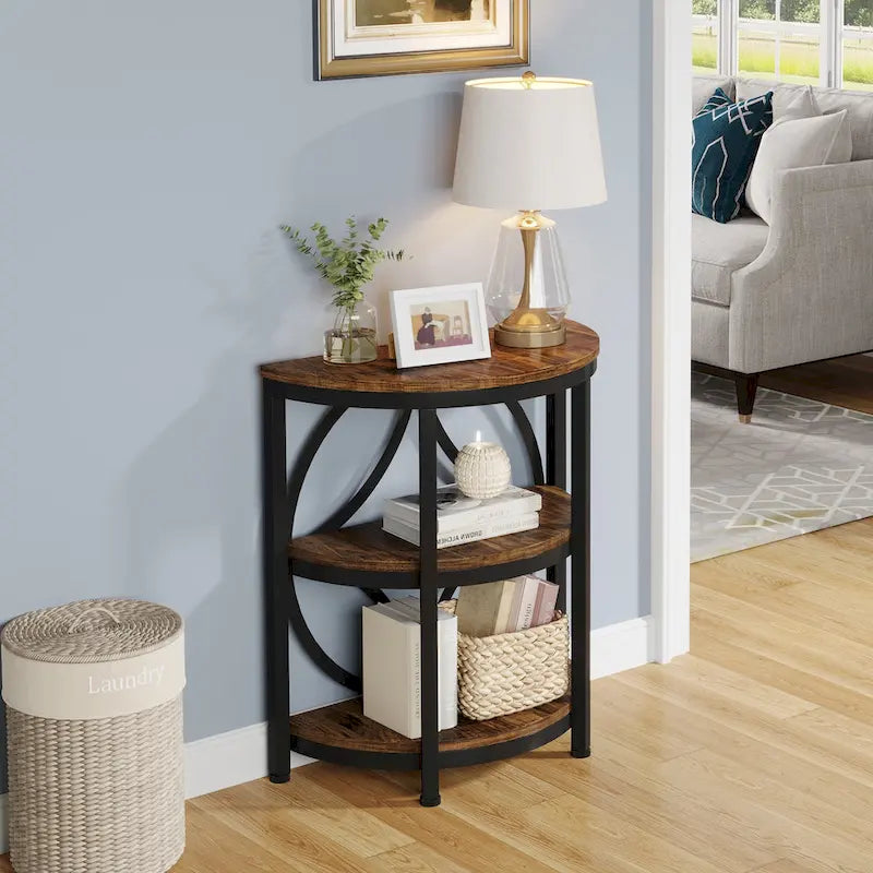 Rustic Brown / Grey Half-Round 3-Tier Side Table, Single