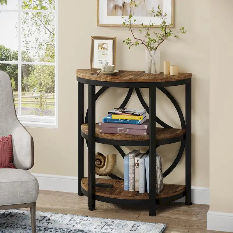 Rustic Brown / Grey Half-Round 3-Tier Side Table, Single