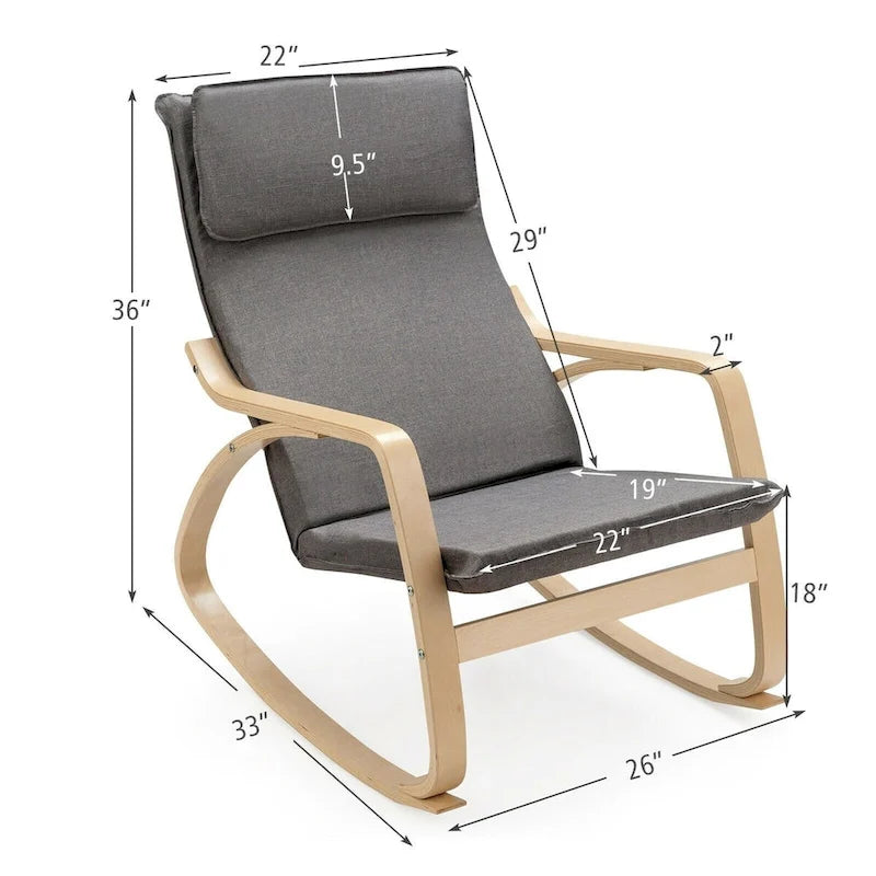 Grey Bentwood Rocking Chair, Fabric Upholstered, 1-Person