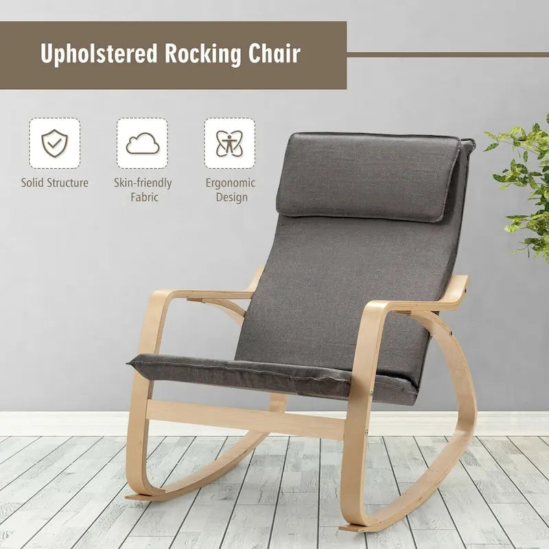 Grey Bentwood Rocking Chair, Fabric Upholstered, 1-Person